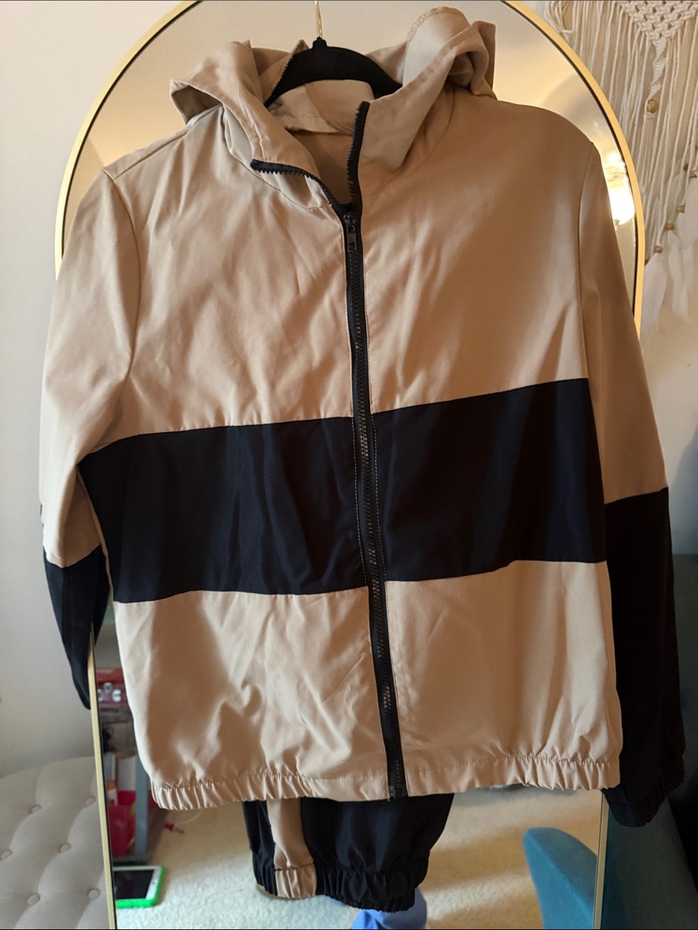 SHEIN Tan and Black Colorblock Hooded Windbreaker